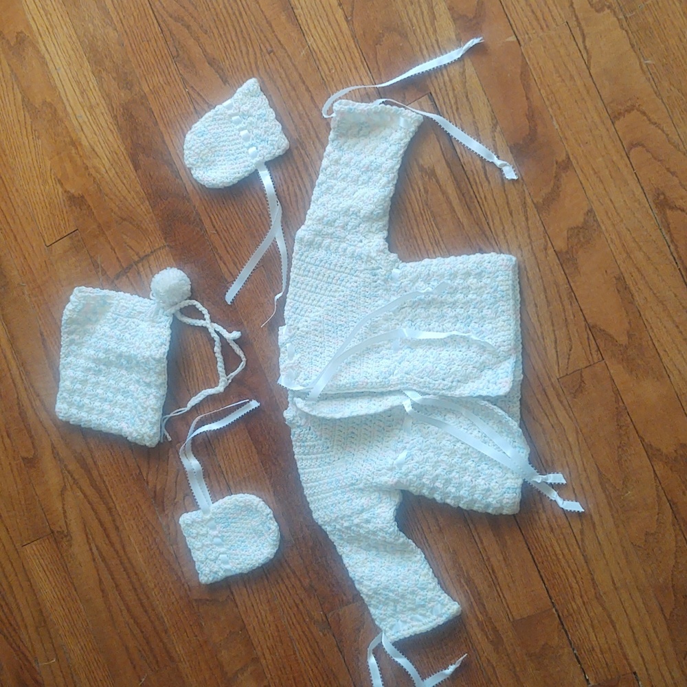 Hand crocheted jacket, mittens and bonnet (Christening?)
